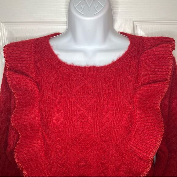 Red Dress Boutique Fire Away Ruby Red Sweater Ruffle Front Metallic Trim M - Picture 8 of 12